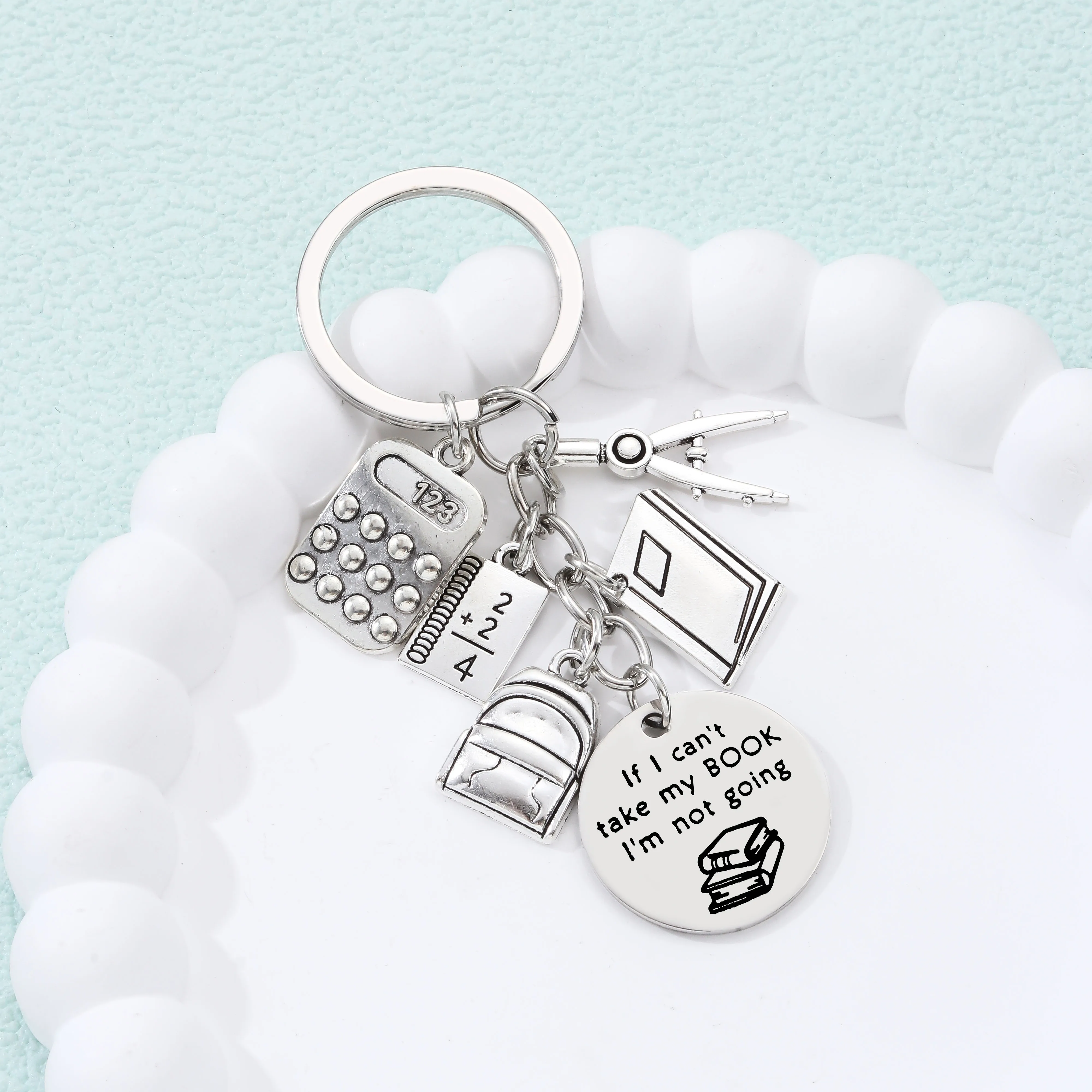 1pc Nerdy Calculator Compass Book Backpack Math Formula Engraved Stainless Steel Keychain Bag Charms Key Ring for Student Gift