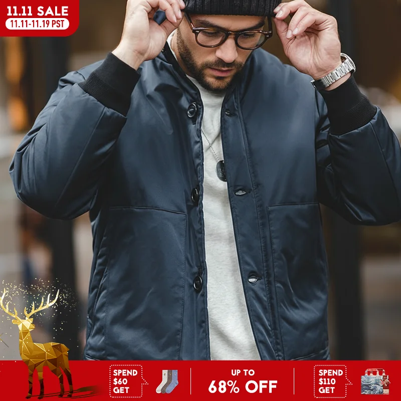 Maden Jaqueta masculina modificada estilo A1 avião bombardeiro Gola alta casaco acolchoado quente Casaco de inverno à prova de vento com um botão Escolha entre verde e azul-marinho