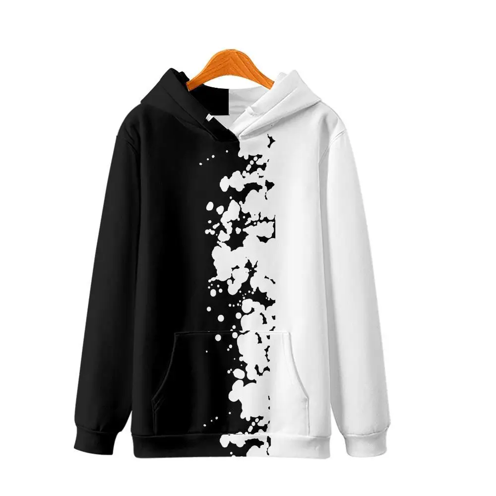 

Black White Digital Printing Hooded Sweatshirt Patchwork Mens Streetwear Harajuku Pullover Casual High Quality Hoodie Pullover