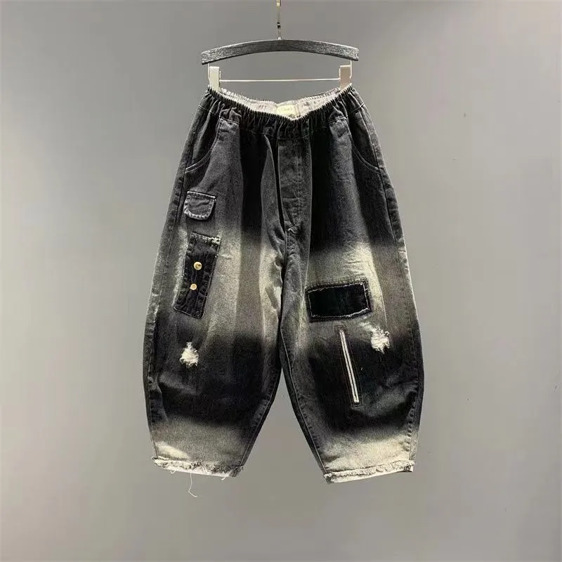 2023 Spring Summer New Korea Fashion Women Elastic Waist Loose Casual Cotton Denim Pants Vintage Hole Wide Leg Jeans P269