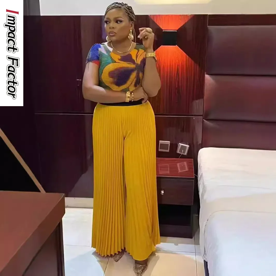 Miyake Pleated 2 Piece Sets Women Short Sleeve High-end Print Top&Large Size High Waist Folds Wide Leg Pants Set 2024 New