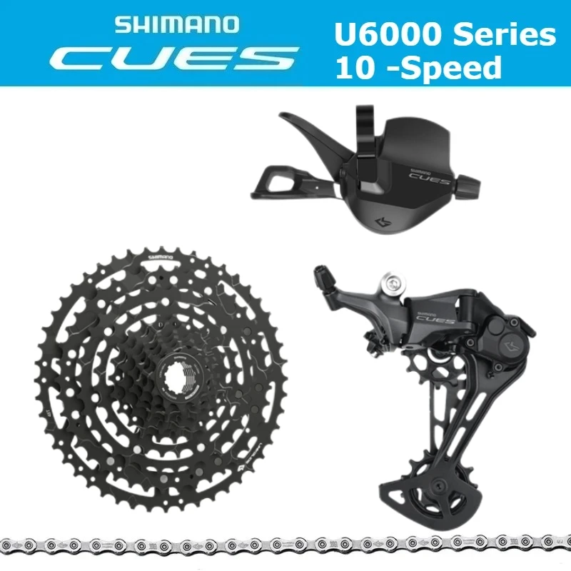 

Комплектующие для горного велосипеда SHIMANO CUES U6000: 10-скоростной переключатель, цепь, кассета, групсет.