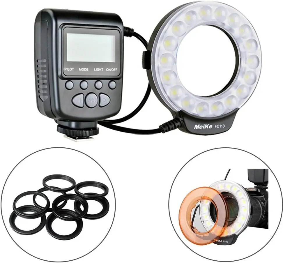 Meike MK-FC110 Universal Manual Macro Ring Flash Light Work For Canon Nikon Olympus Fujifilm With 8Pcs Lens Filter Adapter Ring