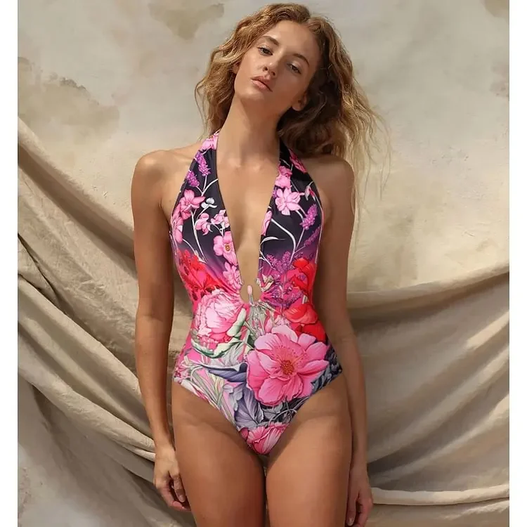 Beachwear estampado em V para mulheres, maiô de luxo, Swimwear Monokini, maiô, 2 peças, 2024