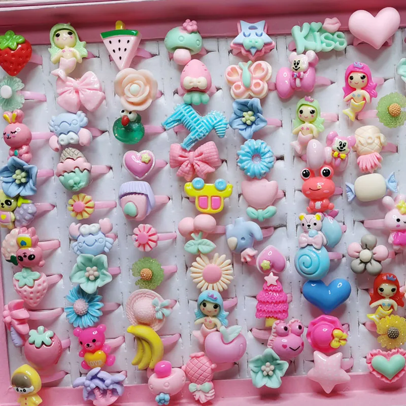Lovely 20Pcs/Lot Children\'s Cartoon Rings Opening Jelly Color Finger Ring Kid Baby Girl Boy Resin Jewelry Charm Gift