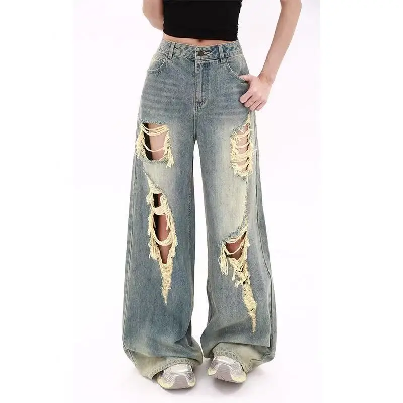 

Women's Denim Jeans adual Color Drag out Floor-Length Pants Vintage Sle Hole Design Straight Leg Casual Cotton Blend