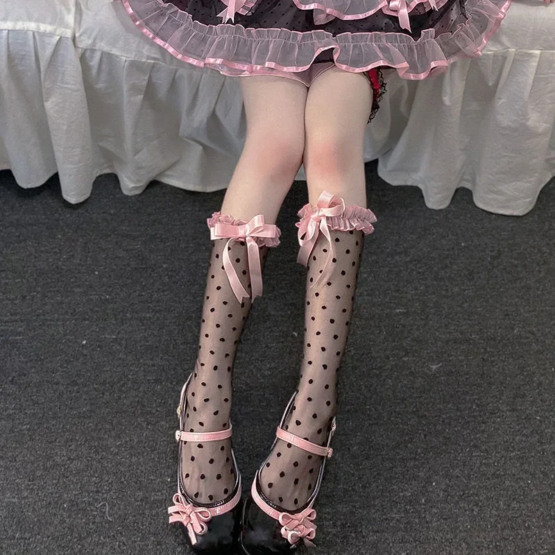 Kawaii Lolita Bowknot Calf Socks Women Sexy Little Pink Dot Print Crystal Stockings JK Girl Personality Knee-Length long Socks