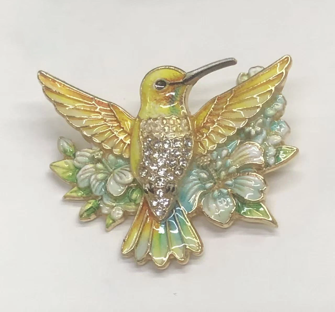 Floral Enamel Rhinestone Hummingbird Lapel Pin Vintage Bird Brooch