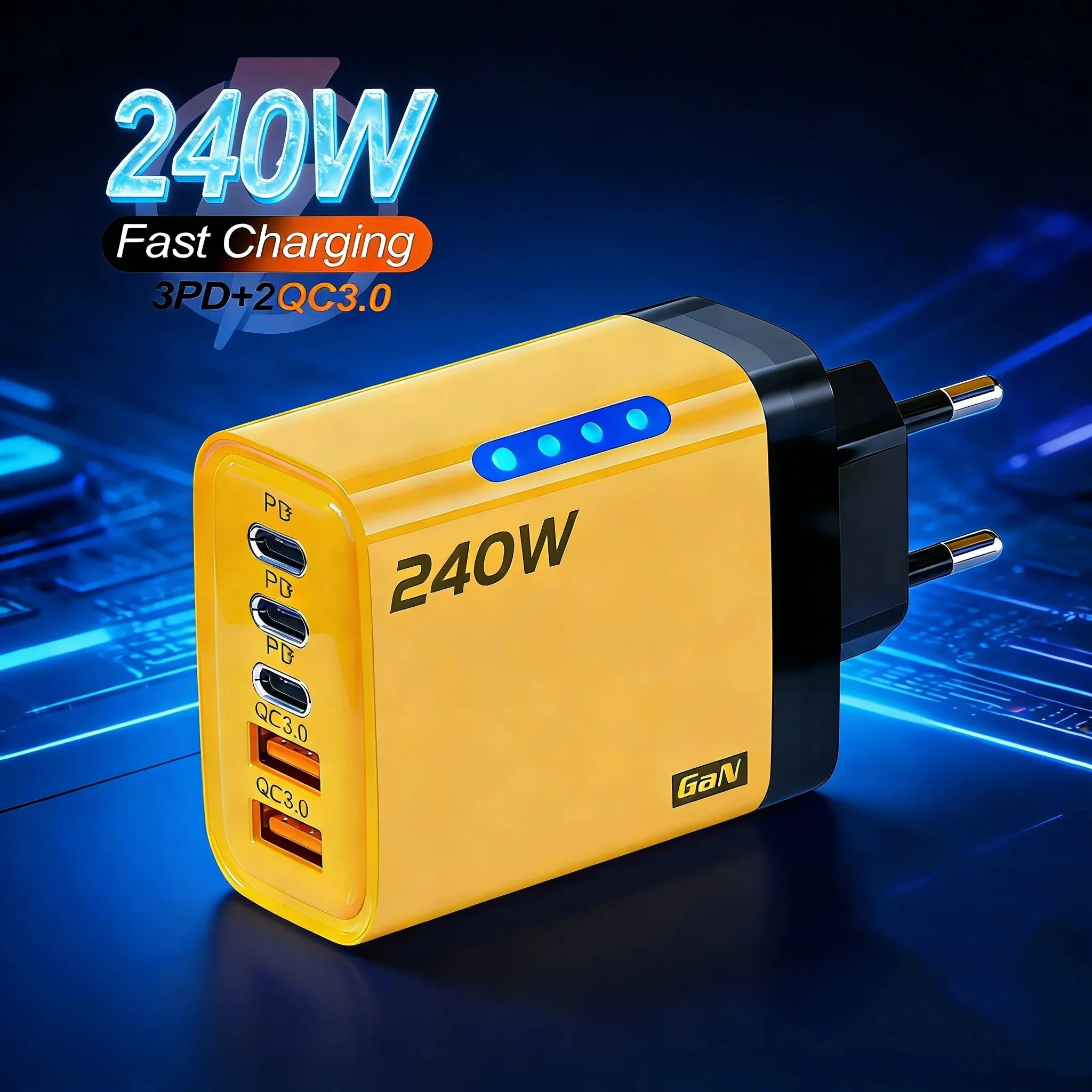 240W USB-C PD Wall Charger with 5 Ports Type-C QC 3.0 Fast Charging Adapter for iPhone 16 15 Samsung Xiaomi Huawei EU/US/UK Plug