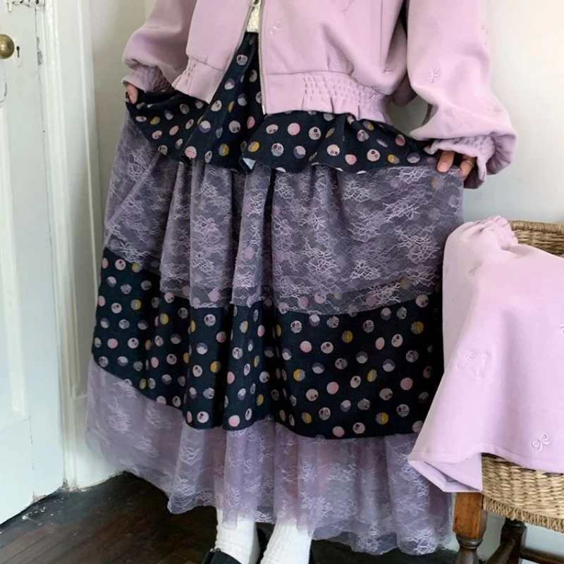 Vintage Sweet Kawaii Purple Polka Dot Tiered Skirt Autumn Winter High Waist A-line Lace Ruffled Aesthetic Long Skirts for Women