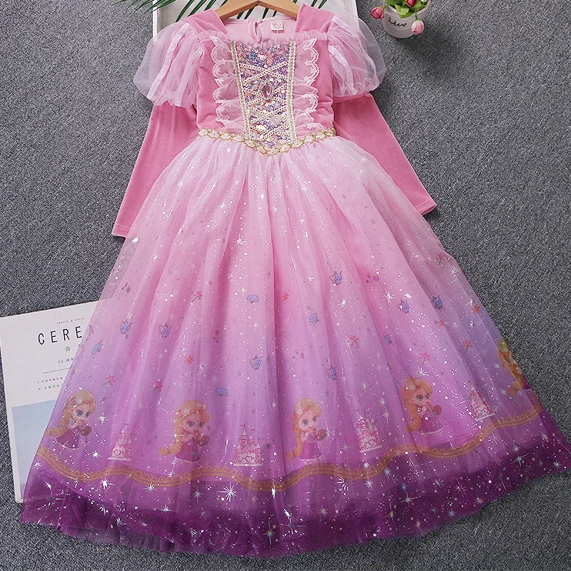 Princess Sophia Dress Autumn Winter Pink Girls' Birthday Party 2-10 Years Old Kids Velvet Long Sleeved Rapunzel Cosplay Clothing