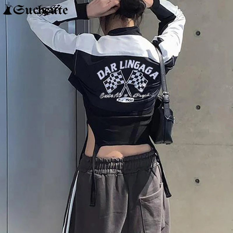 SUCHCUTE Contrast Y2K Streetwear Letter Print Women's Bomber Jacket Long Sleeve Techwear Goth Black Jacket Coat New in Outerwear