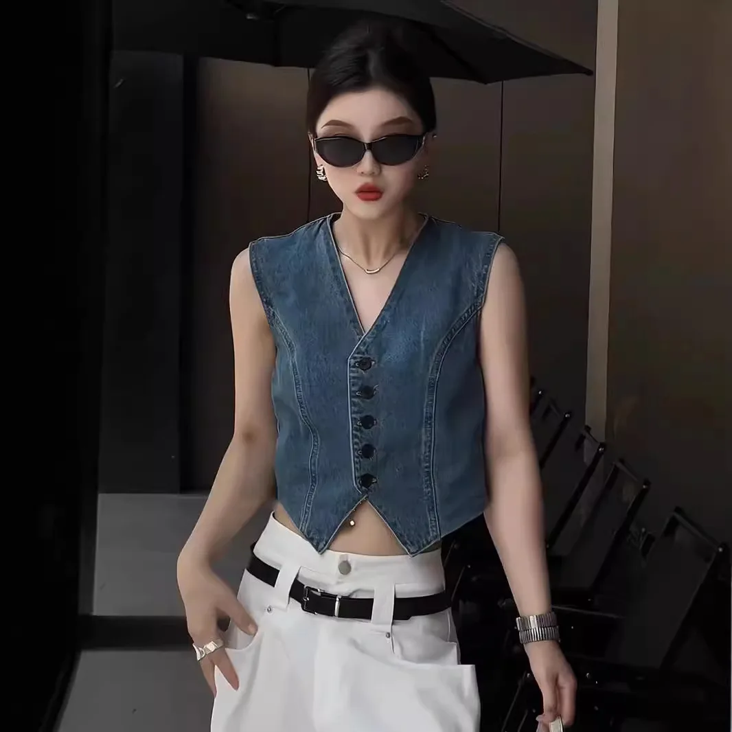 Sleeveless Denim Vest Women's Small V-neck Short Jacket Versatile Spring Autumn Temperament Retro Top Female Traf Waistcoat