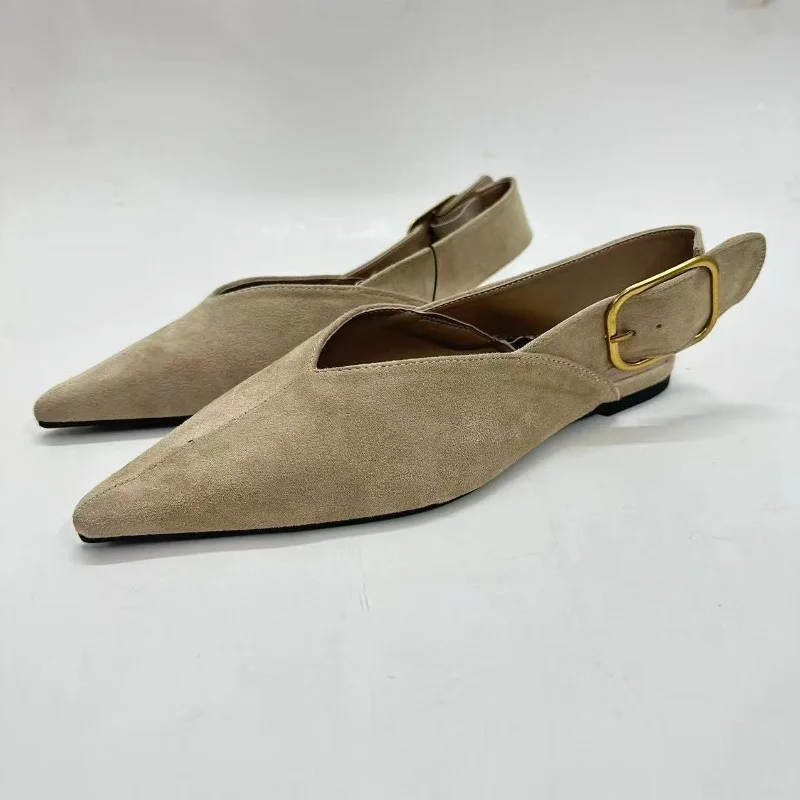 

Retro Faux Suede Women Flats Pointed Toe Buckle Strap Elegant 2026 Summer Slingback Footwear Daily Casual Office Female Shoes