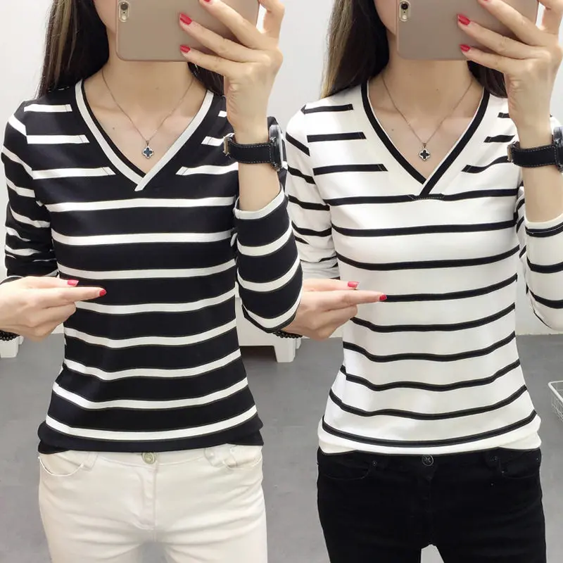 Slim Fit Striped V-Neck Long Sleeve T-Shirt Women's Base Shirt Autumn Wear Korean Style Stretchy Fabric Thin Model for 18-35 ...
