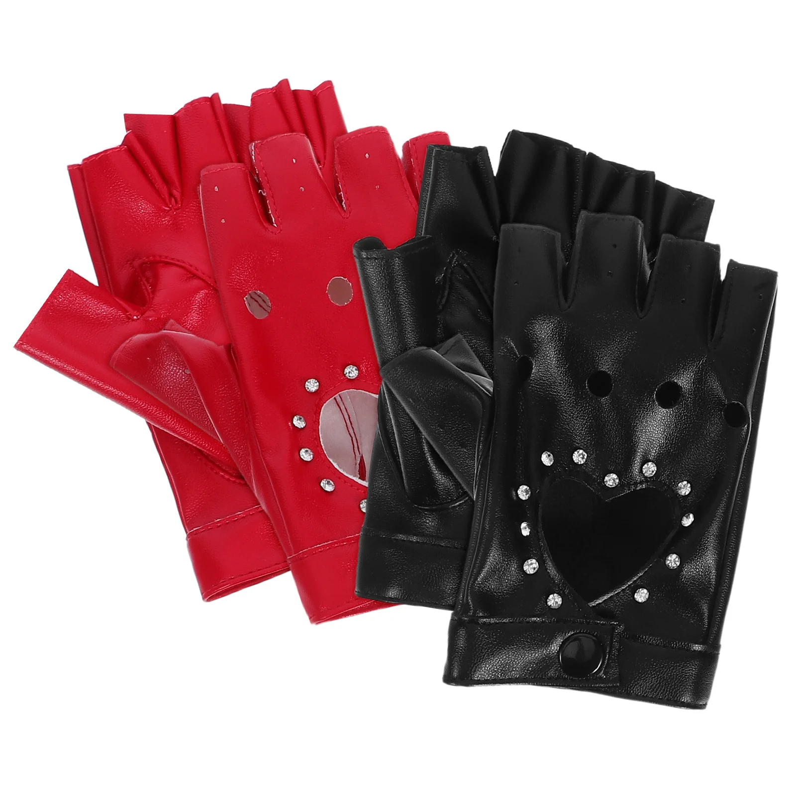 

2Pairs Fingerless Gloves Glittery Heart Cutout Design Half-Finger PU Punk Style Costume Dance Dress-Up Gloves