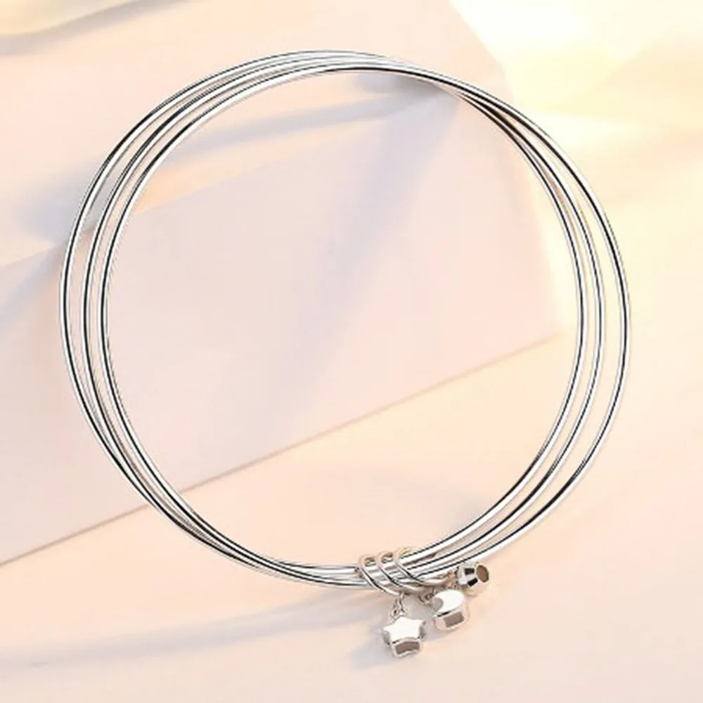 Real Pure Platinum 950 Bangle Women Star Moon Bead Three Loops Bracelet 10.7-10.8g