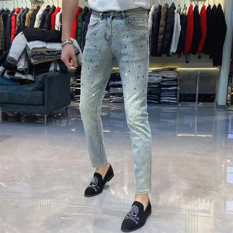 

European Style High Quality Skinny Jeans Men's Blue Hot Drilling Elastic Versatile Men's Pantalon Vaqueros Hombre