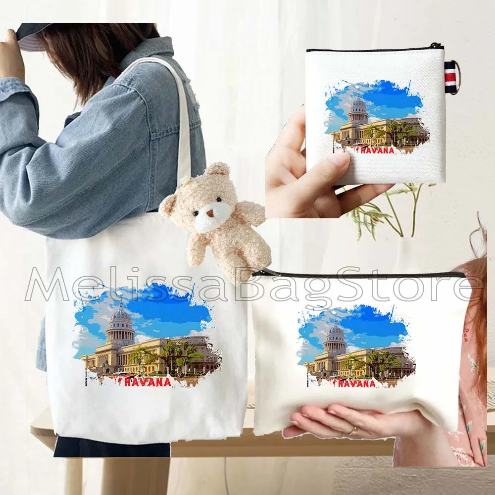 4PCS Gifts Set Havana Cuba White Canvas Tote Bag Handbag with Doll Key Coin Purse Cosmetic Makeup Toilet Bag Case Pouch