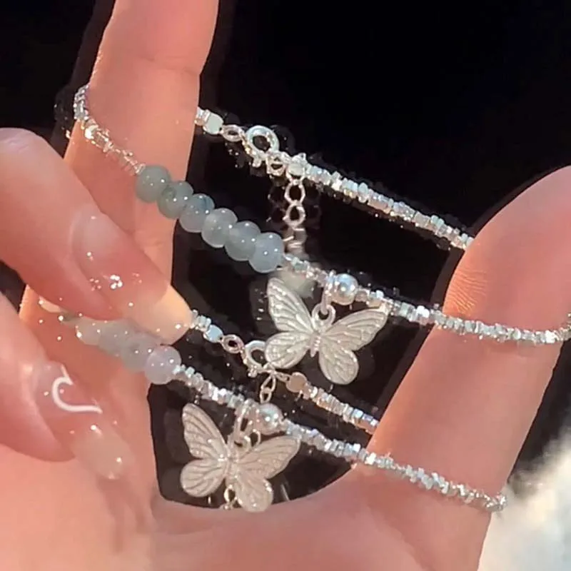 جديد الأخضر كريستال فراشة شكل قلادة سوار للنساء موضة المعادن غير النظامية هندسية مطرز سلسلة سوار مجوهرات