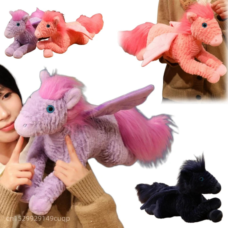 

Hot 1pc 48cm Cartoon Flying Horse Plush Doll Pillow Big Wings Purple Pink Black Animal Stuffed Toy Home Decor Gift For Children