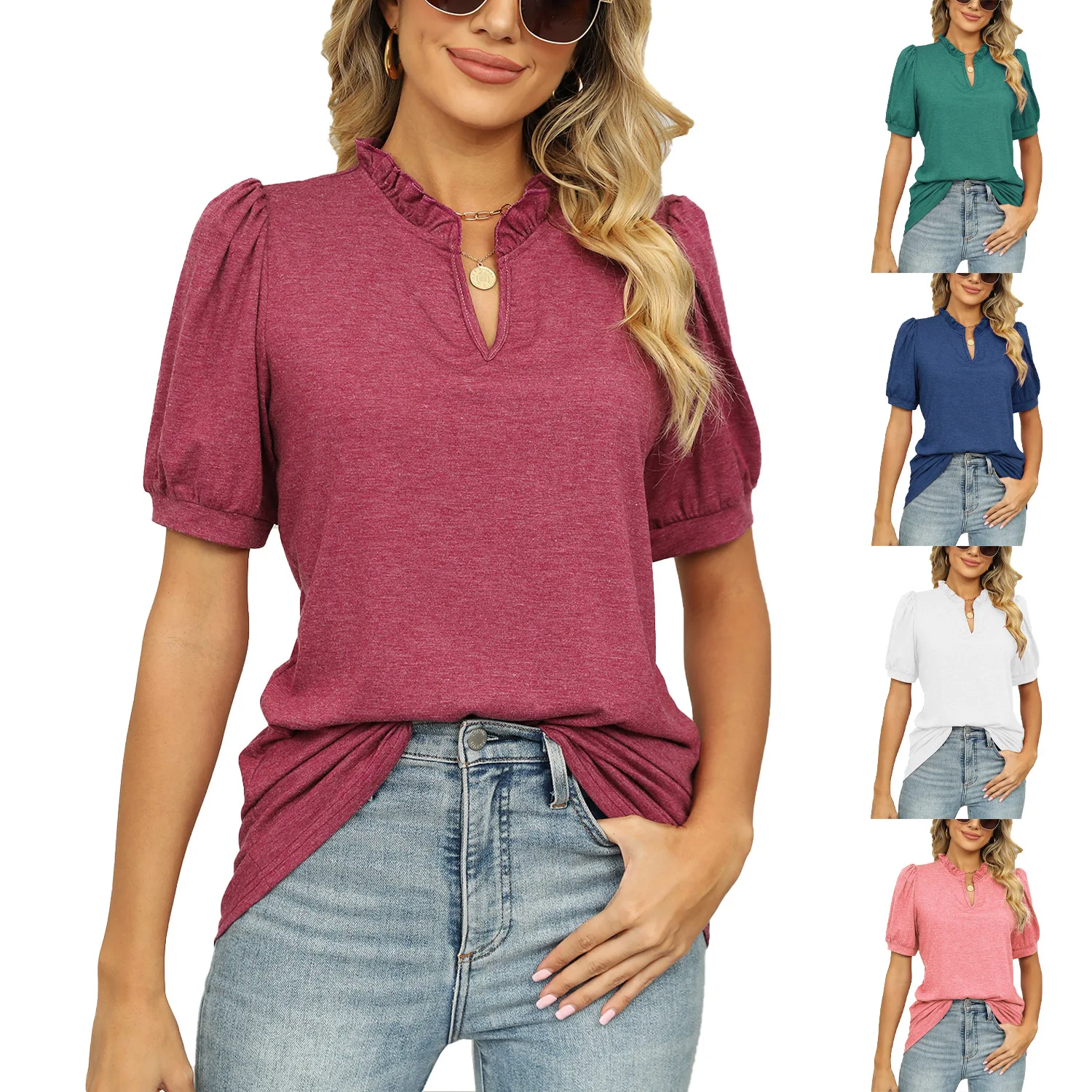 

Women's Shirt New Summer V-neck Set Head Solid Color Pleated Bubble Sleeve Casual T-shirt Female