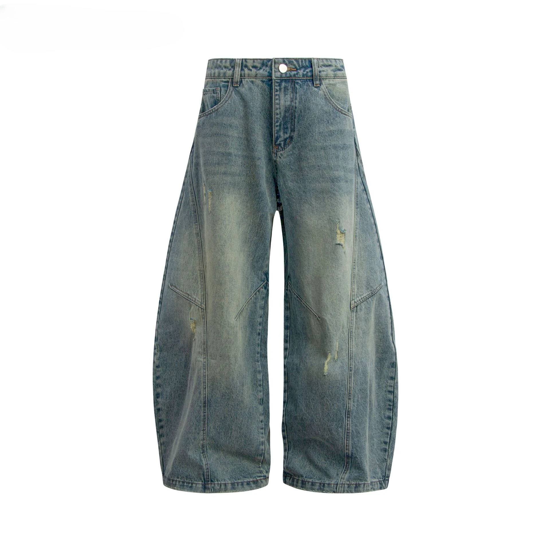 

Blue Distressed Jeans Women Autumn Curved Cut Loose Wide Leg Straight Slim Mop Pants