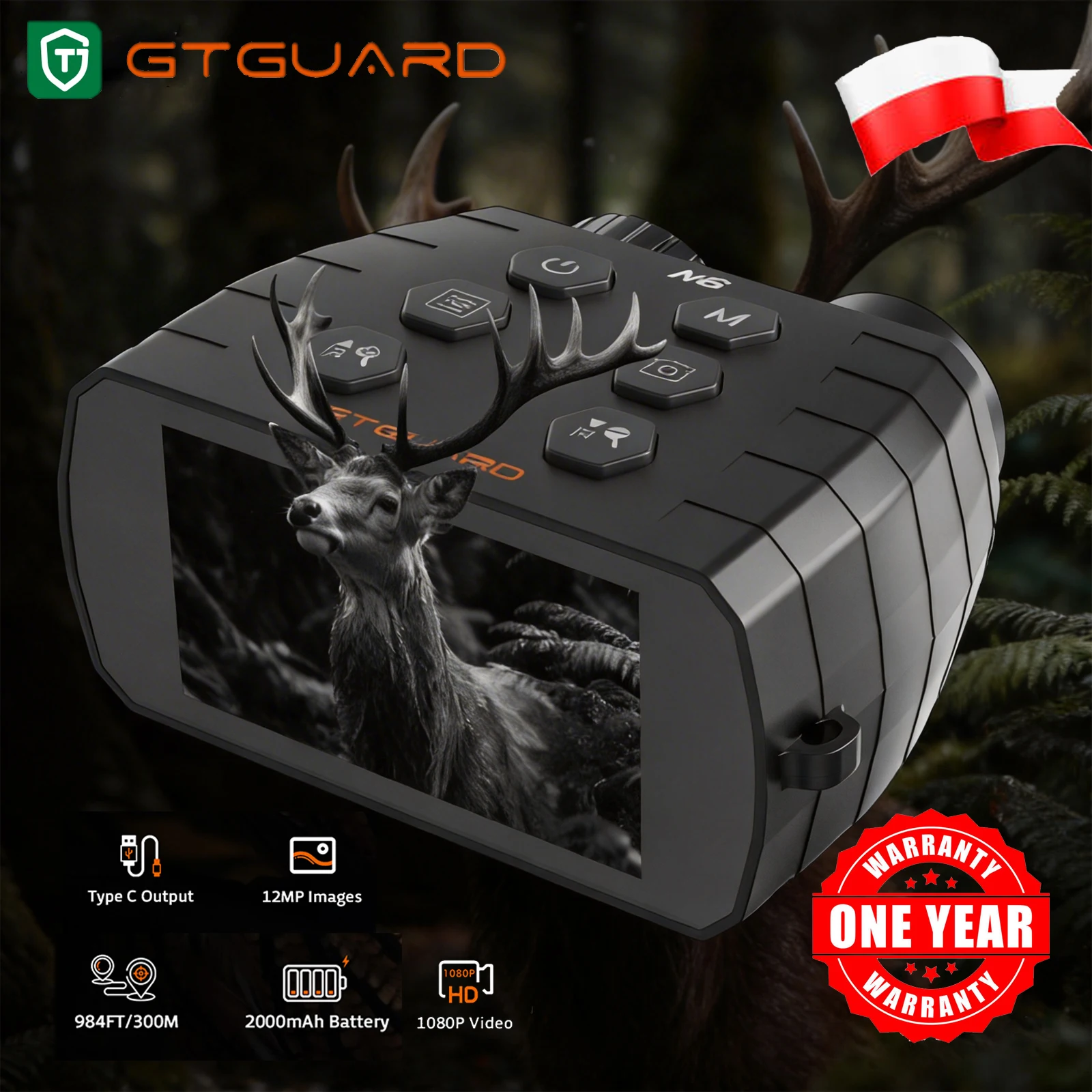 

Бинокль ночного видения GTGUARD N6 с 5-кратным цифровым зумом, инфракрасные очки ночного видения с аккумулятором 2000 мАч для кемпинга, охоты, наблюдения за птицами