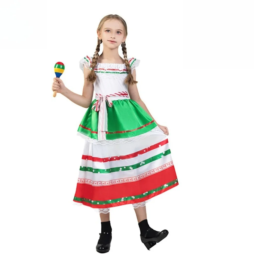 

Girls' Mexican Party Costume - Role Play Stage Outfit (Halloween Theme, Fringe Embroidery + Puffy Skirt Design)