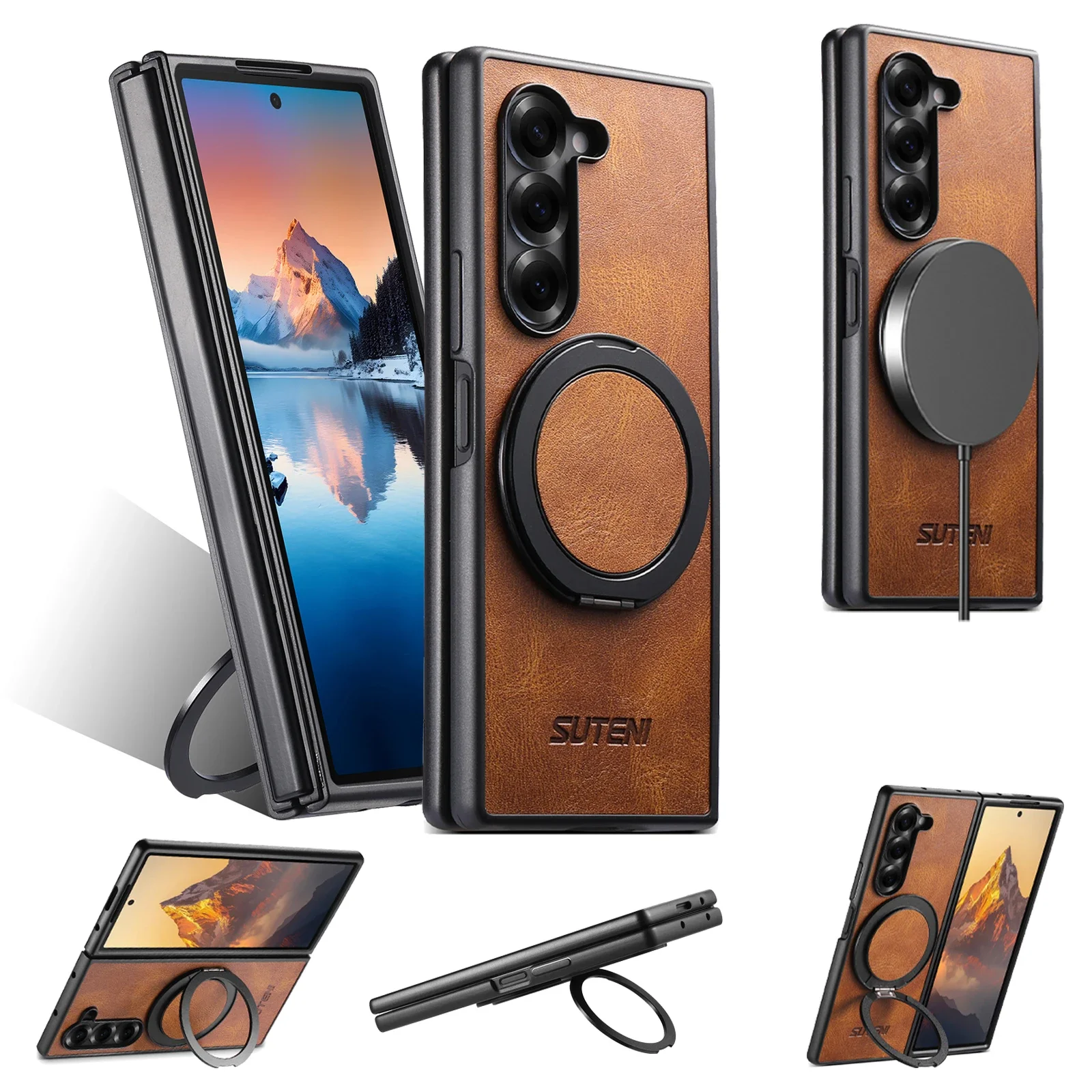 

Higth Quality Business Sle Bla 360° Rotating Stand Phone Case for Samsung Galaxy Z Fold 7 6 5 Leather Magnetic Protect Cover