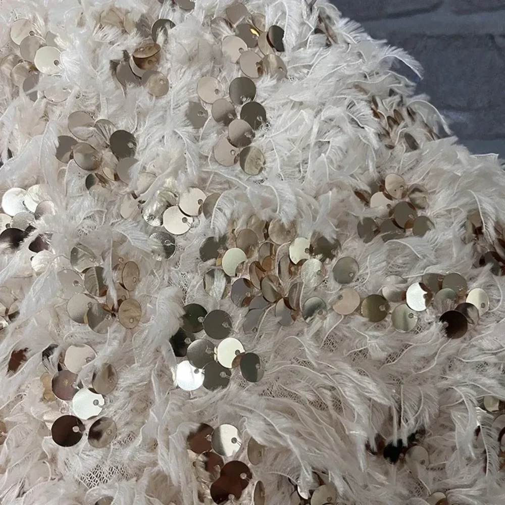 

Off White Feather Sequin Embroidered Fabric for Soft Dresses Tops Camisoles Designer Fabrics Apparel Diy Sewing Cloth Per Meter