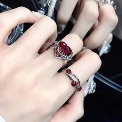 Kpop Fashion Punk Red Crystal Heart Irregular Open Metal Rings Women Vintage Grunge Aesthetic EMO Y2K Jewelry Accessories