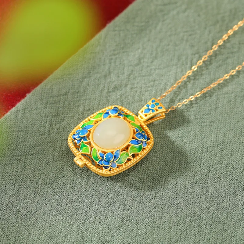 S925 sterling gold-plated Hetian jade enamel cloud pattern hollow sachet pendant silver charm