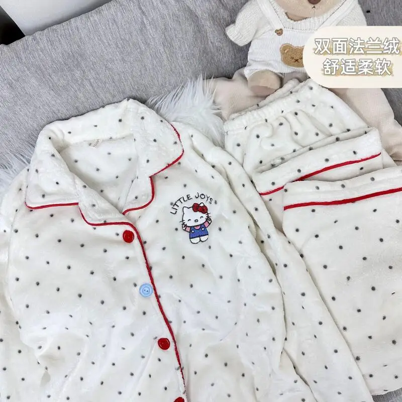 Зимний пижамный комплект с клетчатым принтом «Hello Kitty», новый пижамный костюм с героями мультфильмов, теплый корейский милый плюшевый домашний комплект Y2K, милая одежда для сна