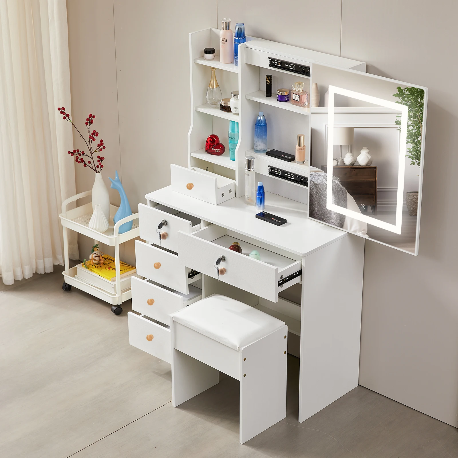 مرآة طاولة الغرور مع أضواء البراز مجموعة ماكياج مكتب منظم مضمد مخزون المملكة المتحدة #3
