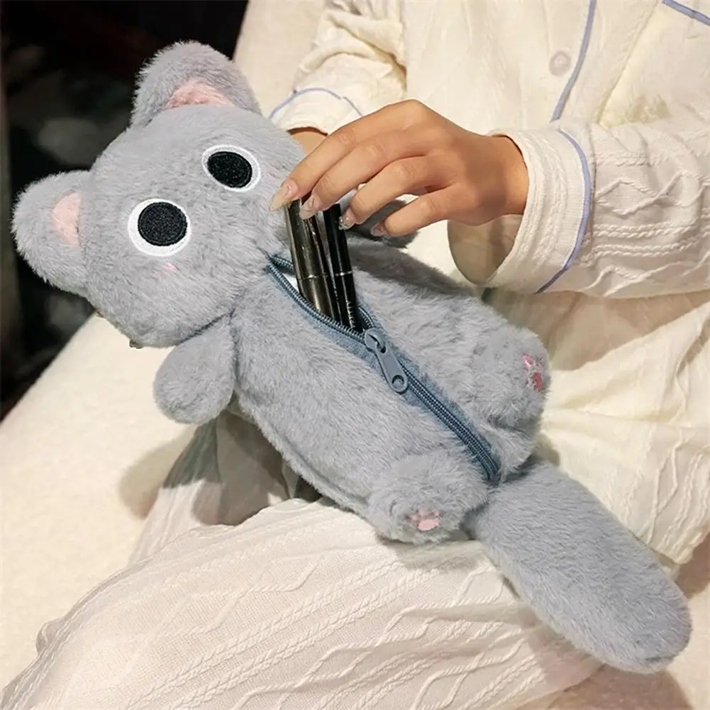 Plush Pencil Case Cartoon Cat Shape Plush Pen Holder Zipper Closure Gray Kitten Stationery Storage Bag For Kids Pencil Organizer