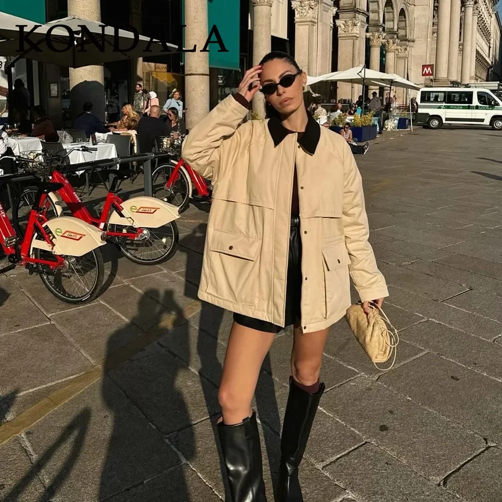 

KONDALA 2025 Fall Winter Casual Women Coats Fashion Vintage Pockets Zipper Corduroy Collar Warm Chic Thick Ladies Jackets