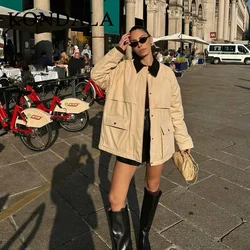 KONDALA 2025 Otoño Invierno Casual abrigos de mujer moda Vintage bolsillos cremallera cuello de pana cálido Chic chaquetas gruesas de mujer