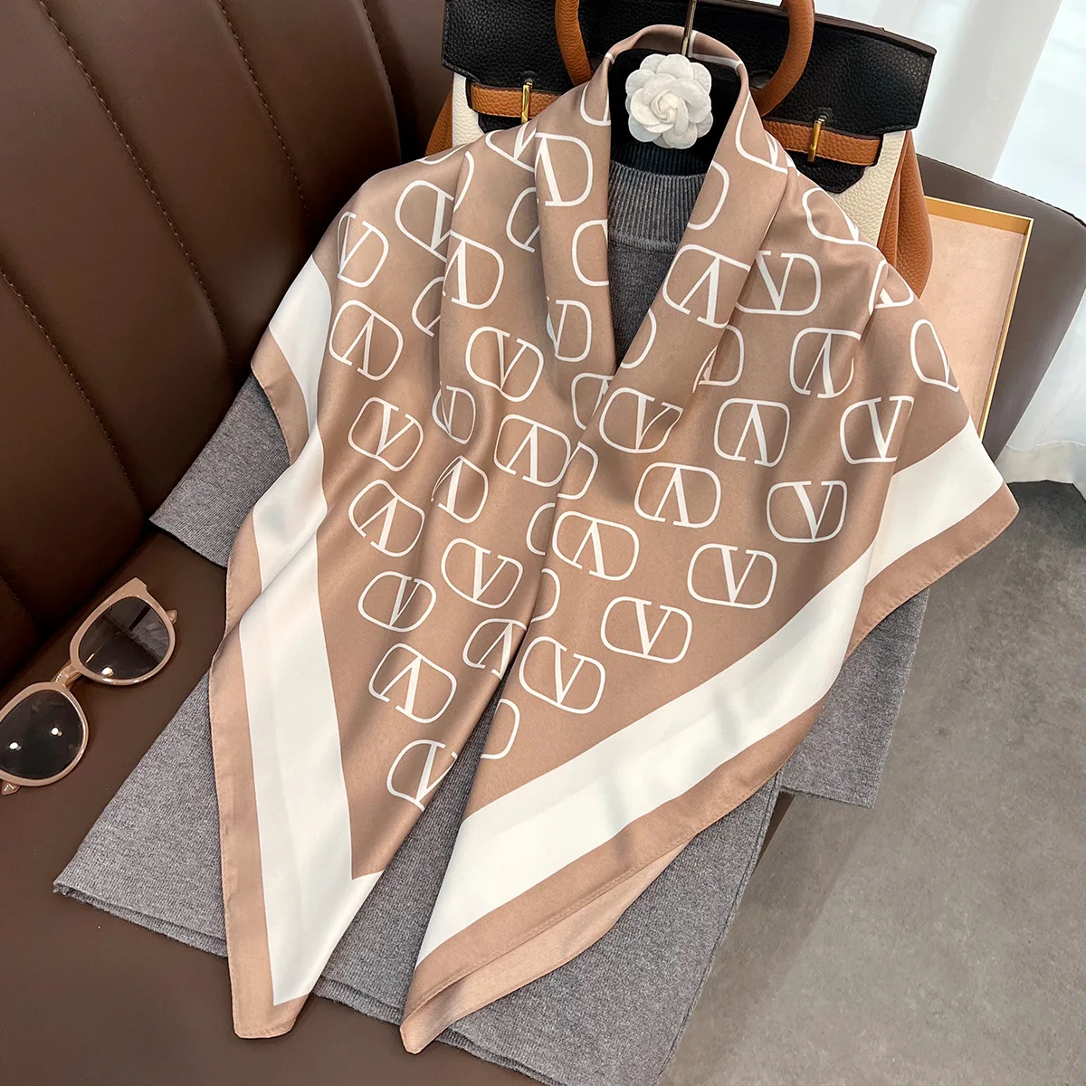 

New European and American High-end V-letter 90 Medium Square Scarf Women's Autumn and Winter Versatile Foreign Style Shawl Shirt