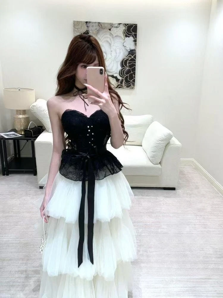 French Palace Style Elegant Patchwork Sets Lace Bustier Top + Slim Mesh Cake Skirt Suit Sexy Party Two-piece Set Women 2026 New