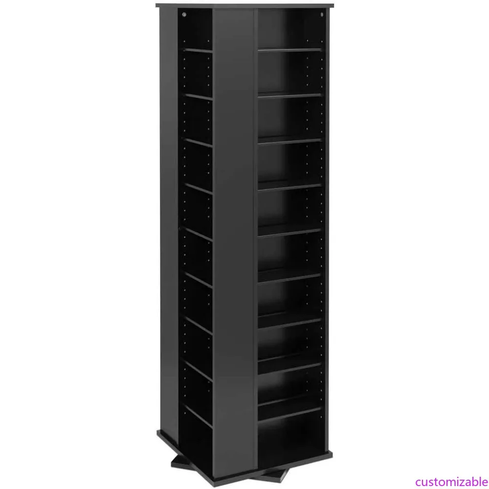 

Four-Sided Revolving Black Display Cabinet with 36 Adjustable Shelves for Compact Storage and Organization