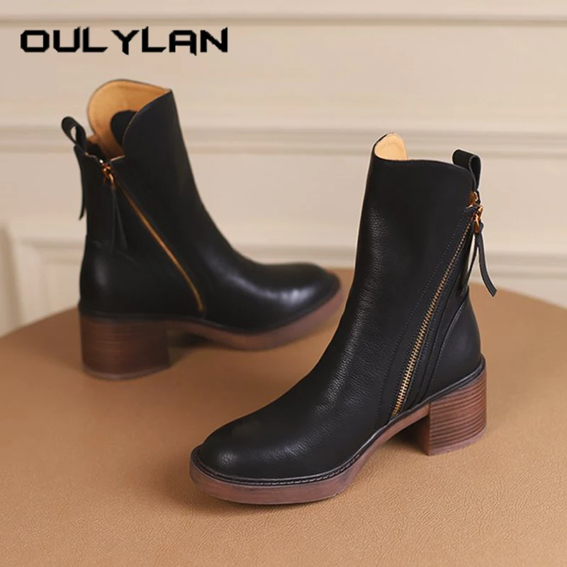 

Oulylan Side Zipper High Heels Shoes Retro Round Toe Leather Boots Classic Solid Color Women Shoe Autumn Thick Heel Short Boot