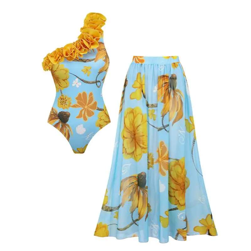 Flaxmaker Women Swimsuit and Skirt One Shoulder 3D Flower Chrysanthemum Printed Swimwear Femme Beachwear Biquini conjunto de