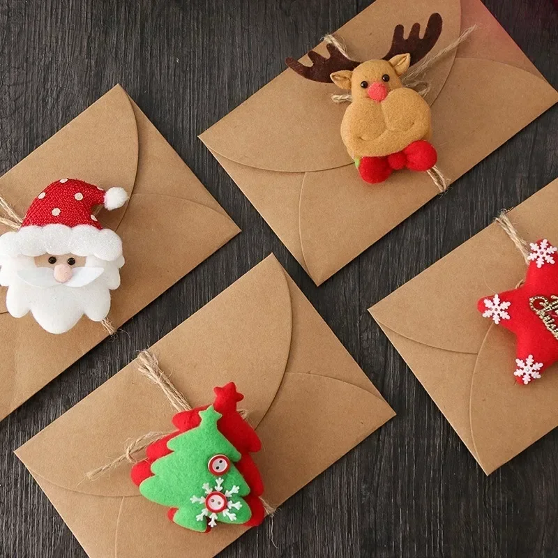 Cute Christmas Cartoon Felt Decorative Kraft Paper Envelope Christmas Card Invitation Packaging Shell for Holiday Wishes Clip