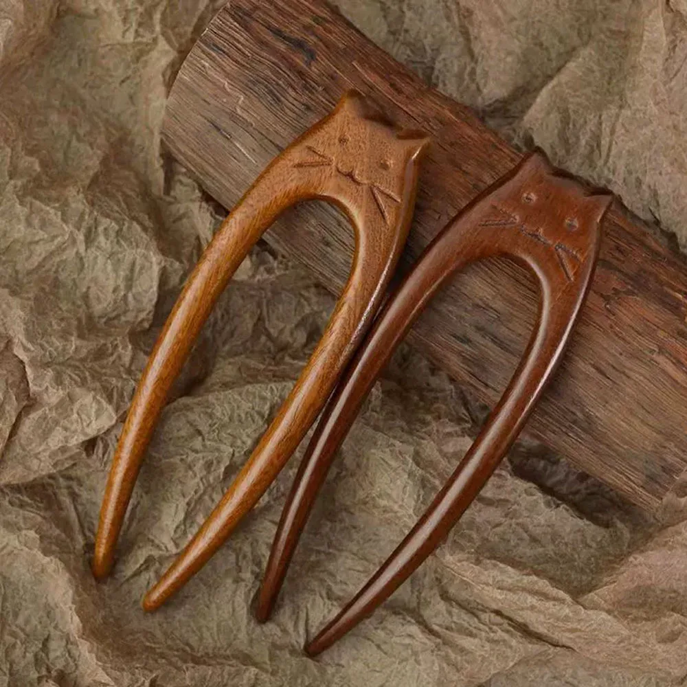 

U-образная заколка для волос с рисунком кота, китайские деревянные вилки для волос, изысканная заколка для волос с гравировкой для женщин, головные уборы, аксессуары для волос, новинка