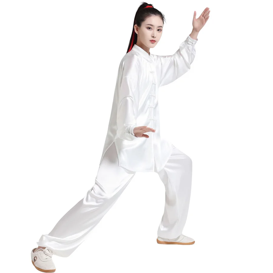Unisex Silk Satin Yaga Tai Chi Suit Women Chinese Style Stand Collar Kung Fu Wushu Martial Arts Uniform Pants Performance