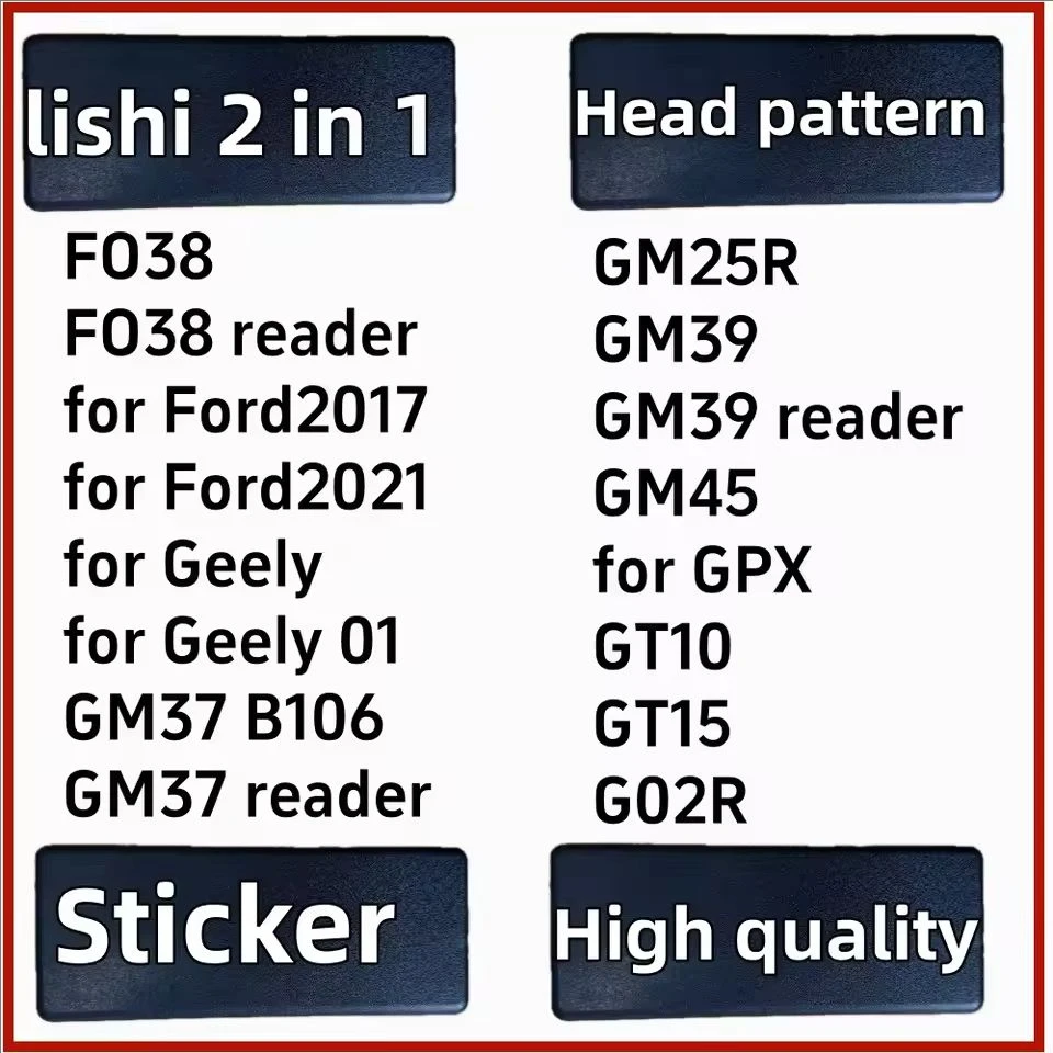Lishi 2 in 1 locksmith tool with Head pattern Sticker High quality FO38 for Ford Geely GM37 B106 GM25R GM39 GM45 GT10 GT15 G02R