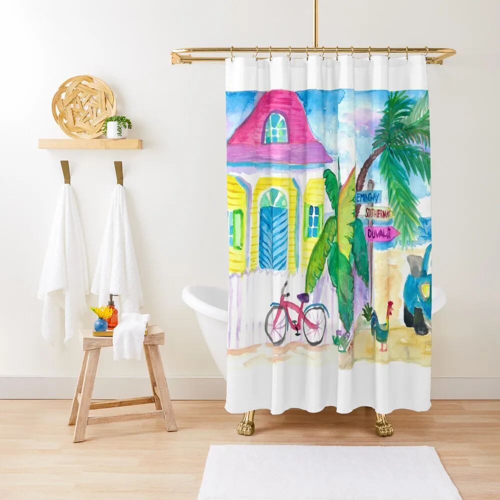 Yellow Conch House Tropical Street Scene With Bike and Rooster Shower Curtain Bathtub Shower Set Bathroom Shower Curtain