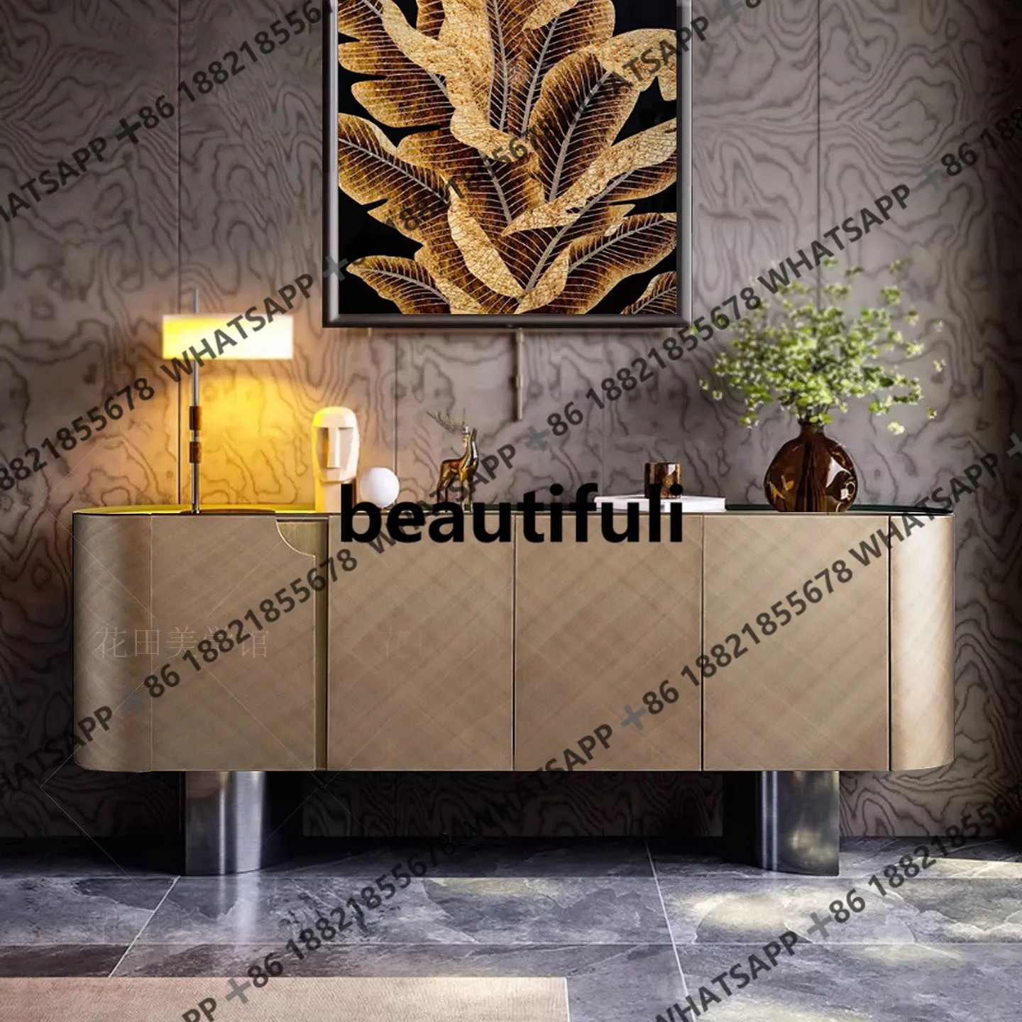 

Italian light luxury door cabinet household living room wall decorative cabinet modern villa metallic paint