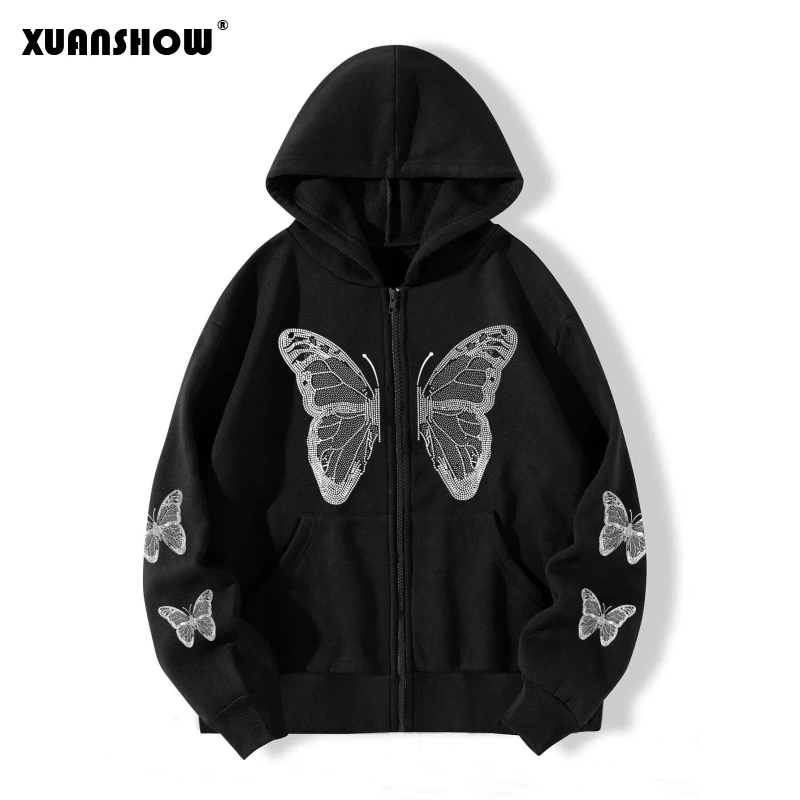 XUANSHOW Autumn Winter Women\'s Zip Up Hoodie Sweatshirt Butterfly Loose Zipper Front Pocket Casual Streetwear Hooded Jacket Coat